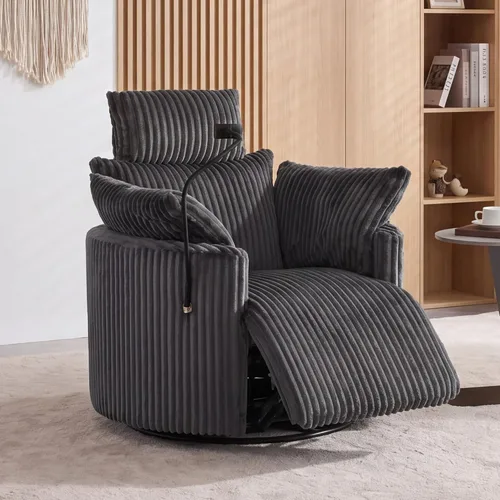 Vista 10 de FOXHUNTER Mecedora mecedora Power Glider, mecedora giratoria de 360°, con puerto de carga USB y soporte para teléfono, reposapiés, para sala