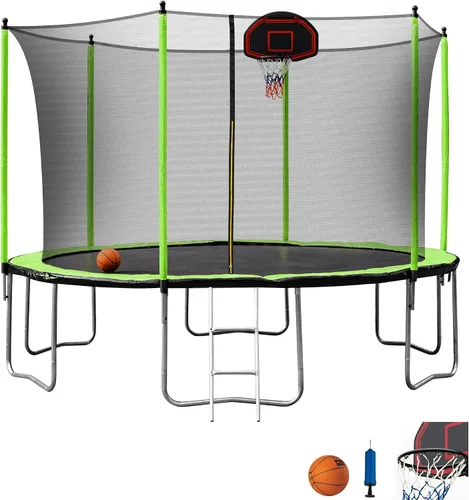 Vista 5 de Olela Trampolín de 16 pies para niños, trampolín con caja de seguridad, aro de baloncesto y escalera, trampolín al aire libre para niños y adultos