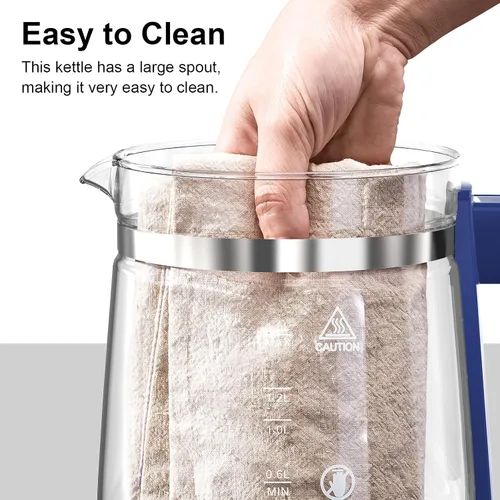 Vista 7 de Hervidor eléctrico, 1.5 L, vidrio borosilicato, hervidor de agua caliente eléctrico y tetera para café o té, sin BPA, apagado automático, acero Azul