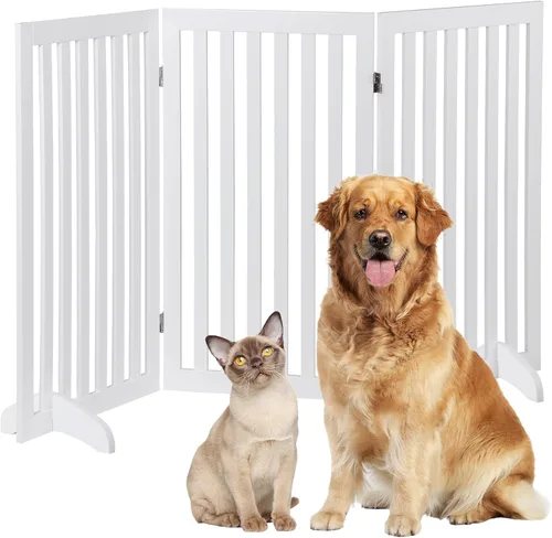 Vista 10 de Puerta para perros para mascotas, para interiores, para escaleras, puertas, 82 x 24 pulgadas, 4 paneles, valla para perros, extra ancha, de madera
