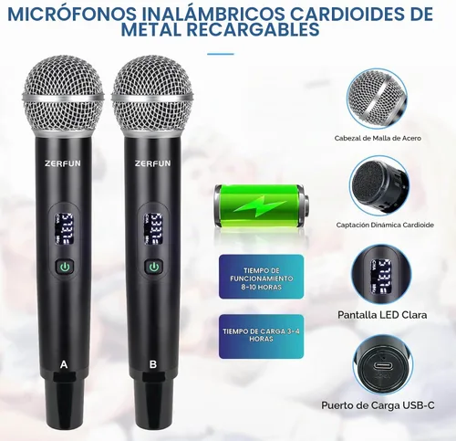 Vista 4 de Pro - Sistema de micrófono inalámbrico de 4 canales recargable y preefector, micrófonos inalámbricos de mano de metal UHF con pantalla LCD, corte