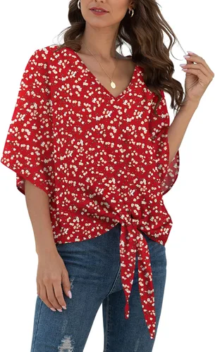 Vista 53 de VIISHOW Womens Tie Front Chiffon Blouses V Neck Batwing Short Sleeve Summer Tops Shirts Albaricoque
