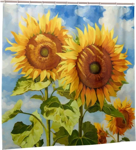 Vista 7 de YLATY2314 - Cortina de ducha de girasol para baño, pintura al óleo, hojas verdes, flores, bohemio, tela amarilla abstracta, moderna, impermeable