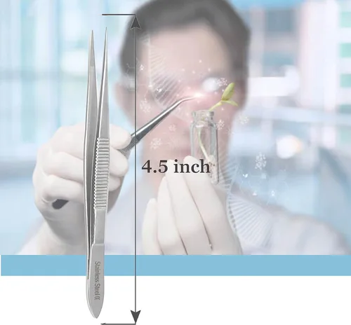 Vista 2 de Pinzas quirúrgicas de micro precisión con puntas dentadas, pinzas de laboratorio de acero inoxidable, puntas rectas de punta fuerte, 4.5 pulgadas