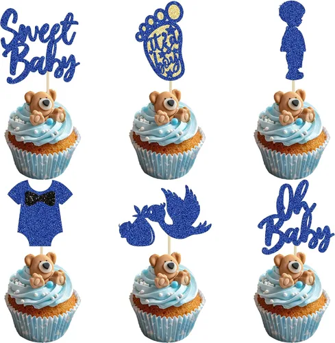 Vista 14 de 24 adornos para cupcakes con purpurina para baby shower, para baby shower, temática de revelación de género, decoraciones para pasteles para baby