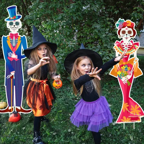 Vista 5 de Namalu Paquete de 2 carteles de Día de los Muertos para patio al aire libre, decoraciones de césped con calavera de azúcar con estacas para fiesta