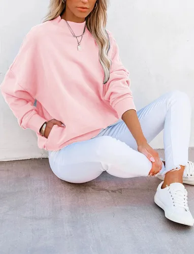 Vista 3 de Minclouse Sudadera casual de manga larga para mujer, básica, holgada, cuello alto, ligera, con bolsillo