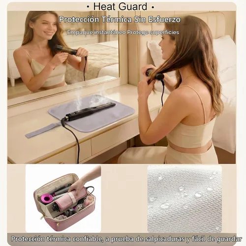 Vista 3 de BAGCRAZY Bolsa de viaje para herramientas para el cabello con alfombrilla resistente al calor, funda organizadora de herramientas para cabello Rosa