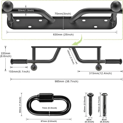 Vista 5 de Kipika Barra de dominadas montada en la pared y bandas de dominadas con cinturón de inmersión, acero resistente, resistencia ajustable