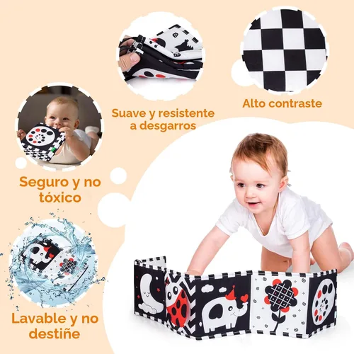 Vista 2 de Cawgug Juguetes para bebés de alto contraste en blanco y negro para el desarrollo del cerebro del recién nacido, tiempo boca abajo, libro suave