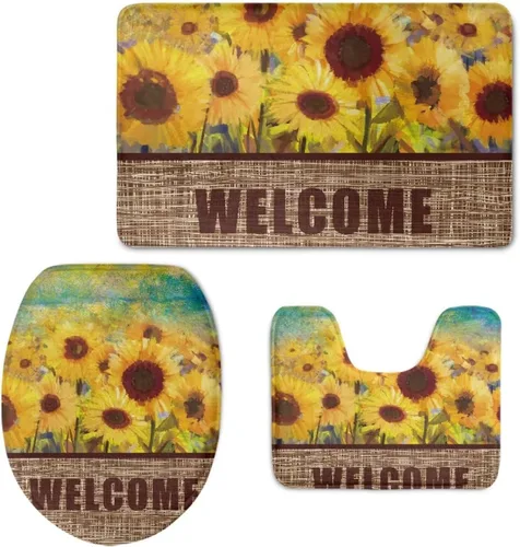 Vista 14 de UNICEU Alfombras de baño de 3 piezas, diseño de margaritas hippie, girasol, suave, absorbente, alfombrilla de baño + alfombrilla de contorno
