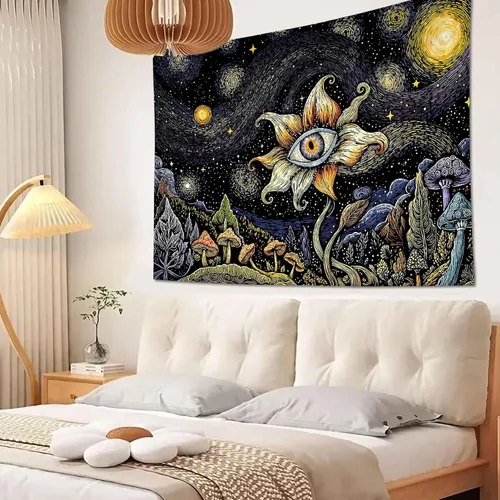 Vista 6 de Yeoiat Tapiz de flores cósmicas, tapiz de hongo, paisaje en pared, noche estrellada, arte botánico visionario, decoración para recámara