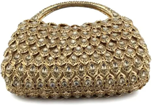 Vista 3 de Bolsa de mano con diamantes de imitación de cristal brillante para fiesta formal, asa en caja, bolso de mano para vestido de noche, Oro
