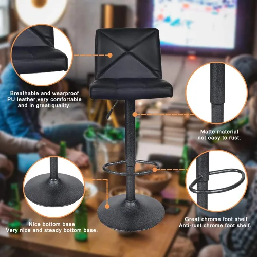 Vista 6 de Dkeli Taburetes de bar, modernos taburetes de bar de cuero sintético negro con parte trasera ajustable de altura de mostrador giratorio, juego de 2