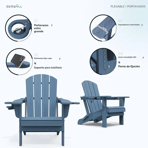 Vista 4 de SERWALL Juego de 4 sillas Adirondack para exteriores con 2 portavasos, plegable, azul