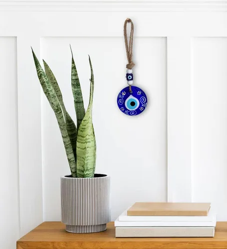 Vista 7 de Diseño de flores pintado a mano de cáñamo macramé mal de ojo para colgar en la pared, colgante de cristal, decorativo turco, griego, judío, adorno