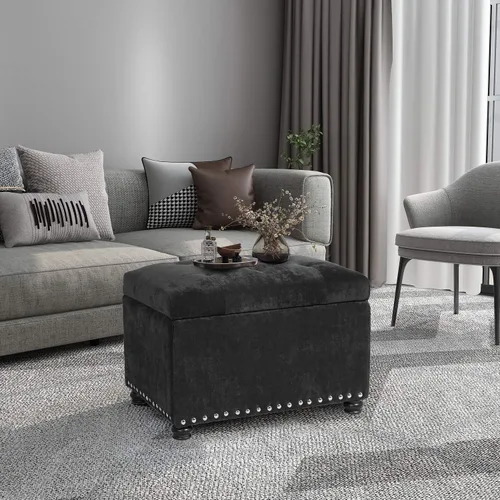 Vista 3 de Homebeez Banco otomano de almacenamiento copetudo, taburete de terciopelo con parte superior elevadora y ribete de cabeza de clavo (gris oscuro)