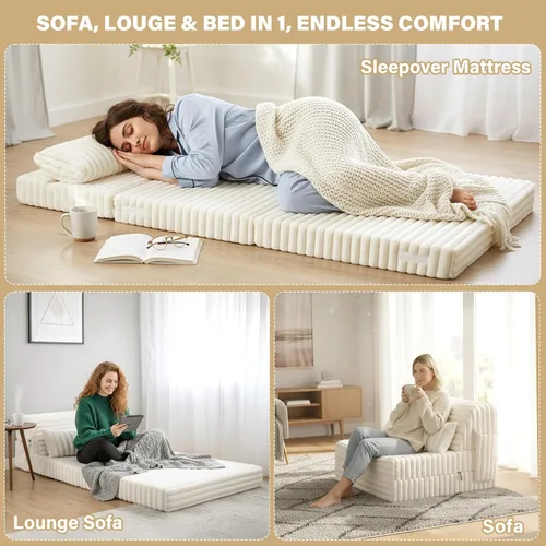 Vista 4 de Tiita Sofá Cama Plegable - Silla Reclinable Convertible de 4 Pliegues con Funda de Pana y Almohada Rectangular, Colchón de Sofá de Suelo para beige
