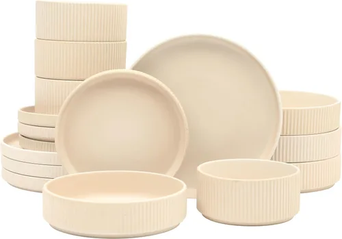 Vista 14 de Gibson Elite Peach Orchard - Juego de vajilla de porcelana de hueso de 12 piezas para 4, platos y cuencos estriados en relieve, apto