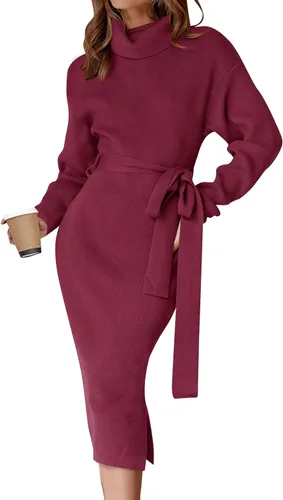 Vista 49 de ZESICA - Vestido por debajo de la rodilla de suéter, de cuello alto, para mujer, de manga larga, de punto acanalado, con abertura y cinturón