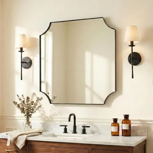 Vista 33 de ANDY STAR Espejo de baño de bronce cepillado, espejo festoneado de 24 x 36 pulgadas para baño, espejo rectangular de bronce antiguo con marco