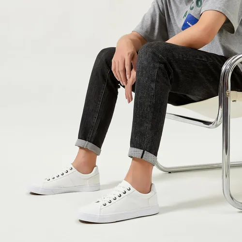 Vista 5 de ZGR Zapatos de lona para hombre, color blanco y negro, con cordones, zapatos casuales de moda para hombres