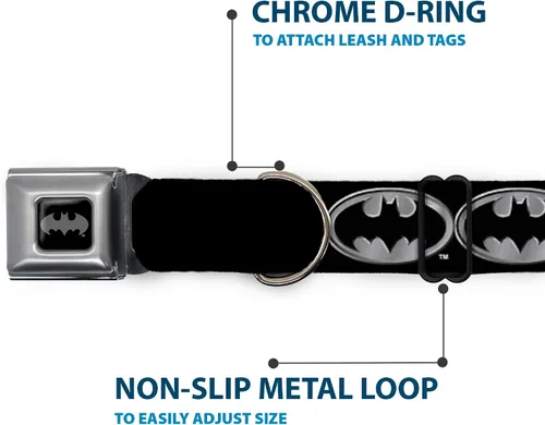 Vista 5 de Buckle-Down Collar de perro con hebilla de cinturón de seguridad, escudo de Batman, negro/plateado, 1 pulgada de ancho, se adapta a cuello de 9 a 15