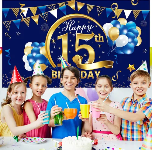 Vista 5 de Cartel de cumpleaños número 15 azul dorado para niños, suministros de fiesta de telón de fondo, letrero de fondo para fotos de cumpleaños de 15 años