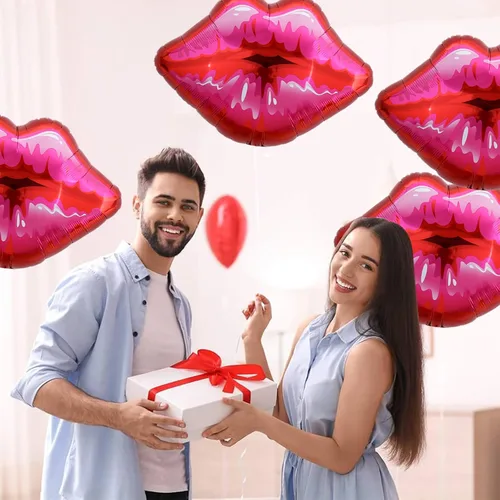 Vista 6 de Paquete de 10 globos grandes de labios rojos y rosados, globos de corazón para decoración de fiestas temáticas de maquillaje, aniversario, Kiss the
