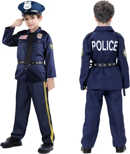 Vista 5 de Disfraz de oficial de policía para niños, uniforme de policía para niños, disfraces de Halloween para niños y niñas, disfraz de policía, kit
