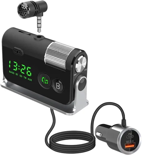 Vista 9 de Transmisor Bluetooth Fm, 2 micrófonos y QC3.0 + Tipo-C PD 18W HiFi Bass, adaptador Bluetooth para automóvil compatible con llamadas manos libres Azul