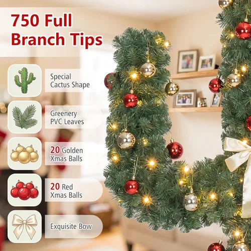 Vista 4 de Goplus Árbol de Navidad artificial de cactus preiluminado de 5 pies con 90 luces LED y adornos de bolas, decoración perfecta para las fiestas