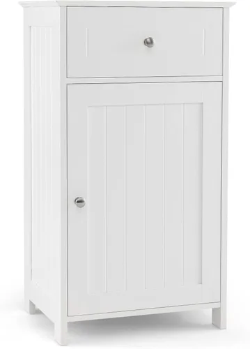 Vista 11 de Giantex Armario de almacenamiento de baño de piso, gabinete independiente con cajón, puerta, estante ajustable, dispositivo antivuelco, organizador