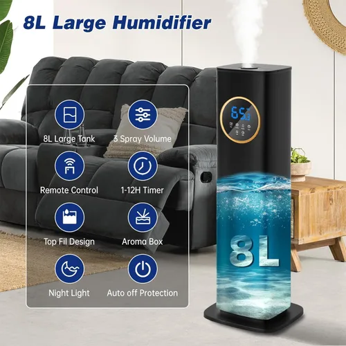 Vista 3 de LACIDOLL Humidificadores para dormitorio de 500 pies cuadrados, humidificador de 2.1 galones/8 litros con luz nocturna y difusor de aceite esencial