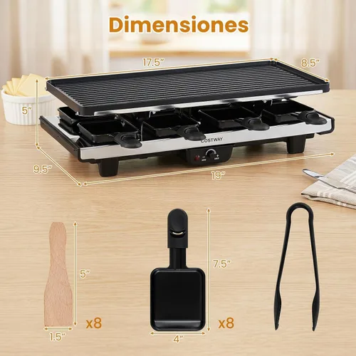 Vista 8 de COSTWAY Raclette - Parrilla para mesa 8, 2 en 1 con placa antiadherente reversible, 8 sartenes para queso, 8 espátulas de madera, pinzas y control