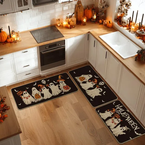 Vista 4 de Artoid Mode Juego de 3 tapetes de cocina de Halloween con diseño de murciélago y calabaza, fantasma, color negro, decoración del hogar, alfombras