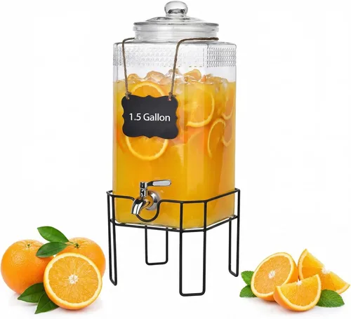 Vista 11 de Dispensador de bebidas, dispensadores de bebidas para fiestas, dispensador de bebidas de vidrio de 1 galón con soporte y tapa de vidrio, grifo 100%