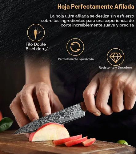 Vista 3 de XINZUO Cuchillo de cocina para pelar, cuchillo de acero de Damasco súper afilado de 5 pulgadas, cuchillo de frutas, mango de madera de Pakkawood