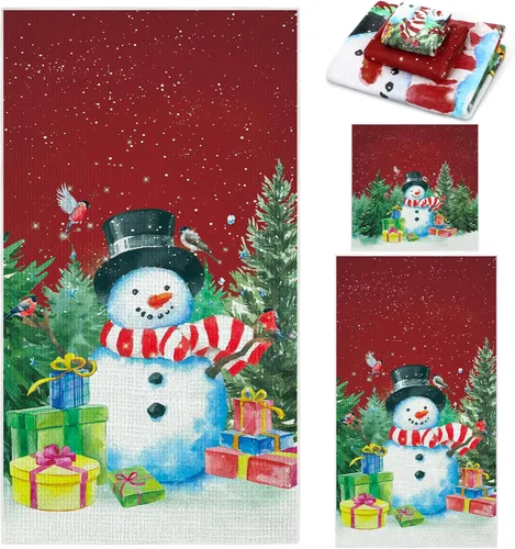 Vista 25 de Preboun Juego de 3 toallas de baño navideñas de gnomo, toallas de mano con árbol de Navidad, toallas de baño con copos de nieve de invierno, toallas