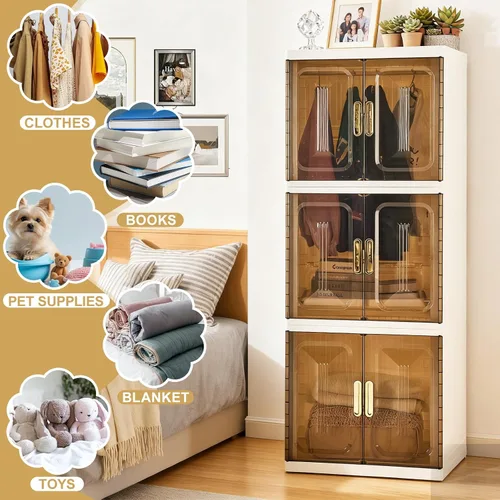 Vista 7 de SAYMA Armario portátil de 3 capas para mascotas, organizador de almacenamiento de ropa plegable para mascotas, armario plegable de plástico blanco