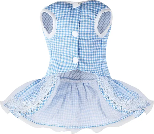 Vista 2 de Vestido para perro a cuadros con lazo, bonito vestido para perro pequeño, gato, cachorro con correa de arnés (azul, talla XS)