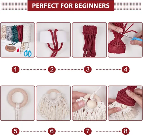 Vista 4 de FREEBLOSS Juego de 6 gnomos de Navidad de macramé de Papá Noel, kit de macramé de Papá Noel para decoración de árbol de Navidad, gnomos colgantes