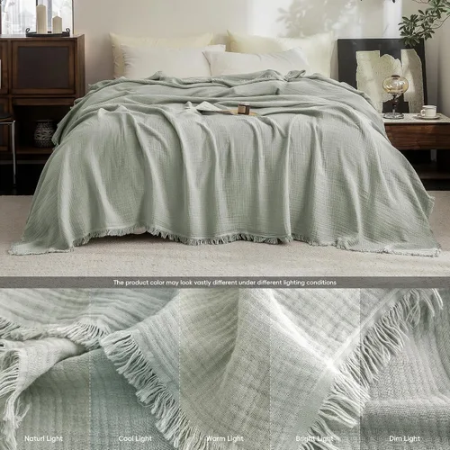 Vista 43 de FOSSA Manta de Muselina con Flecos - Gasa de Algodón 100% de 4 Capas Súper Suave y Transpirable - Manta Decorativa Ligera y Refrescante para Cama