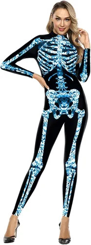 Vista 21 de Honeystore - Enterizo para disfraz de esqueleto para mujer, para Halloween, malla entera, leotardo, para cosplay Color06
