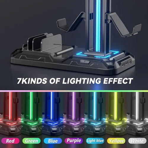 Vista 4 de KDD Headset Stand with Charging Station - Detachable Controller Holder with 9 Light Modes - Rotatable Headphone Hanger with USB A&C Charger Ports
