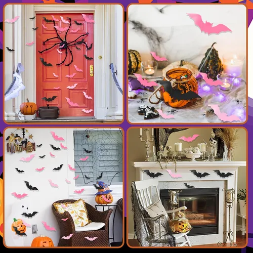Vista 6 de Decoración 3D de murciélagos de pared de Halloween, 48 calcomanías y calcomanías de murciélagos de PVC rosa para el hogar, tema espeluznante
