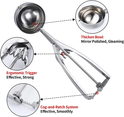 Vista 3 de Juego de 3 cucharas de helado con gatillo de acero inoxidable 18/8, cucharas de galletas para hornear albóndigas, cuchara de melón para frutas