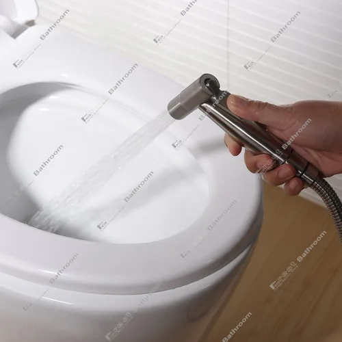 Vista 4 de Pulverizador de bidé de mano de níquel cepillado, rociador de pañales de acero inoxidable calificado Shattaf Juego completo para bidé inodoro baño