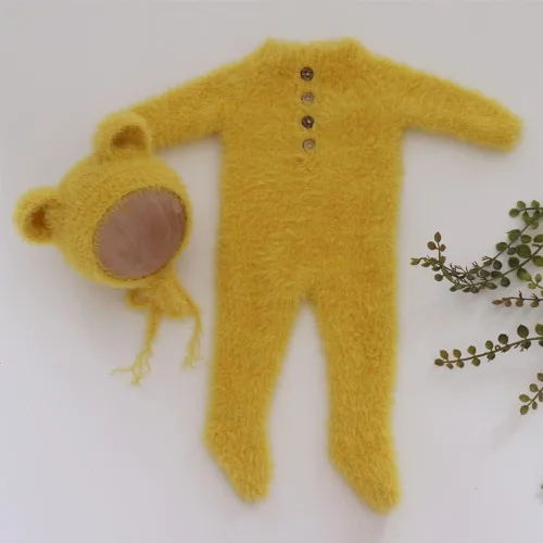 Vista 4 de Vemonllas Accesorios de fotografía para recién nacidos, trajes para niños y niñas, gorro de oso mohair y mameluco con pies, conjunto de disfraz