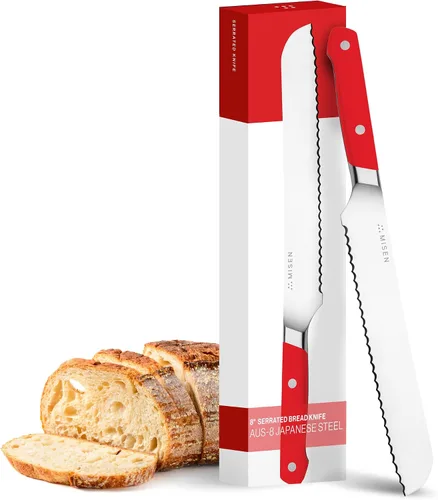 Vista 17 de Misen Cuchillo de Pan Dentado - Acero Japonés AUS8 de Alto Carbono - Perfecto para Alimentos Suaves, Pan, Pasteles y Frutas - Rebanador Versátil